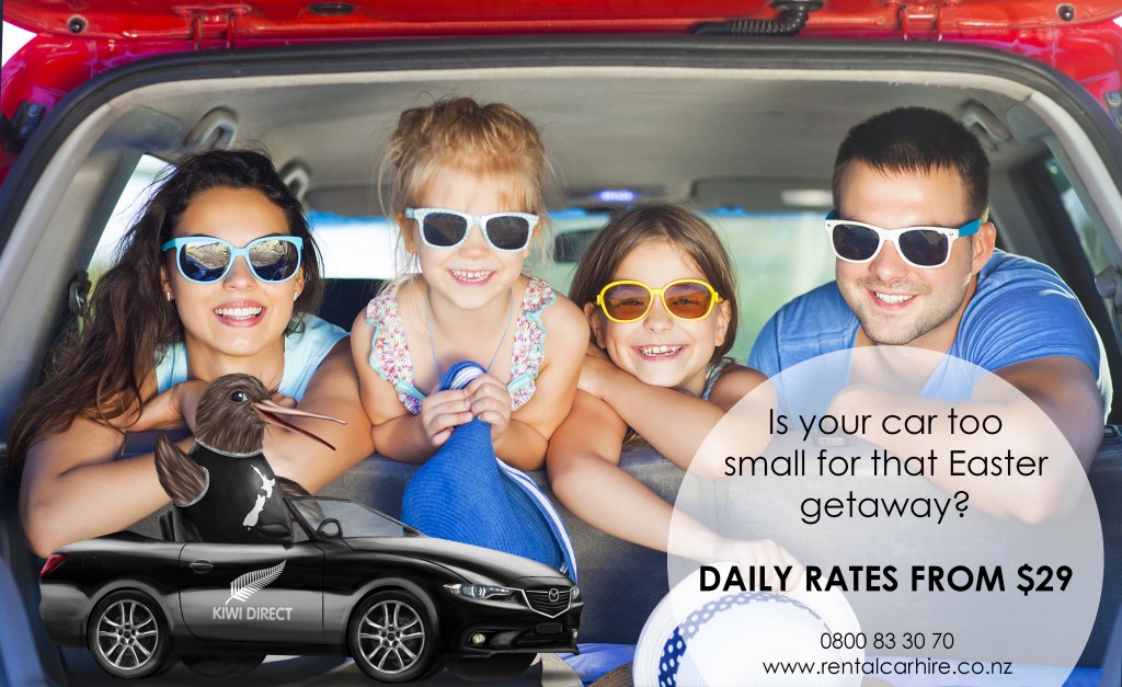 Portrait of a smiling family with two children at beach in the car. Holiday and travel concept